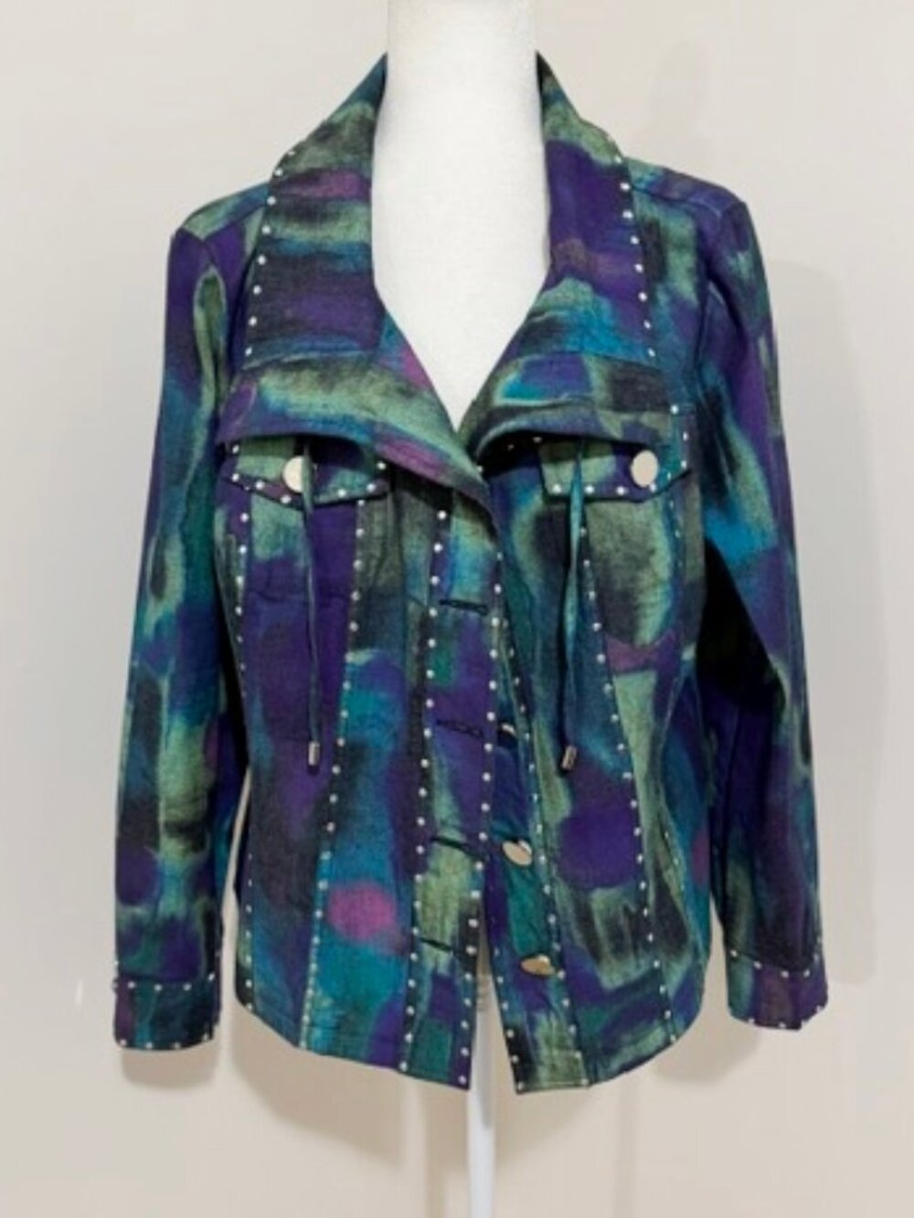 Berek Wearable Art Abstract Watercolor Embellished Jacket Silver Studs XL